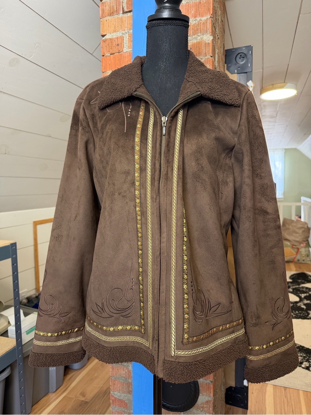 90s Faux Suede Zip Up With Gold Embroidered Trim